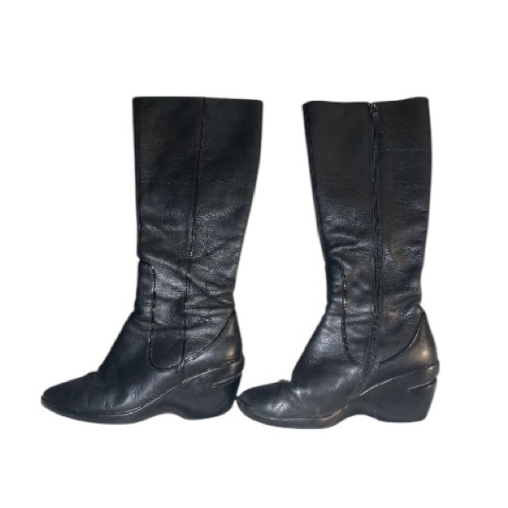 COLE HAAN Black Leather NIKE AIR Knee High Wedge Heel Zipper Boots Size 7.5